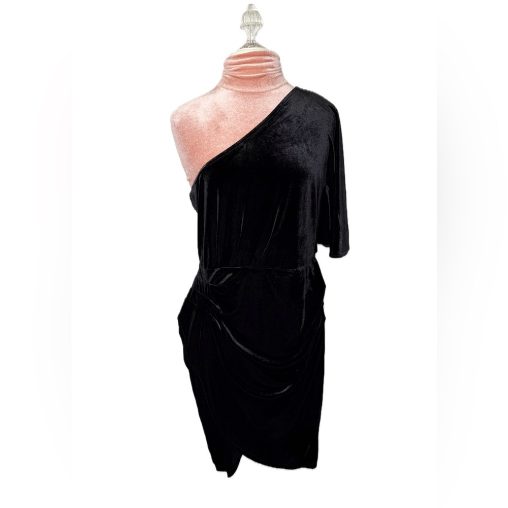 Subiki Black One Shoulder Stretch Velvet Velour Faux Wrap Ruched Dress Size XL